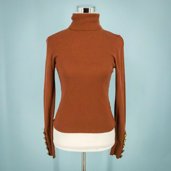 ALC Size Medum M Desi Brown Ribbed Turtleneck Button Merino Wool Sweater - Picture 1 of 8